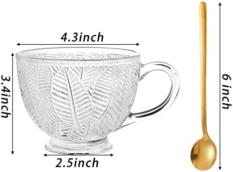 Стъклени Чаши за Кафе SOUJOY от 4 опаковки с дръжка, Чаена чаша с лъжичка и е Отпечатан във формата на листа на 16 Унции, Голяма Чаша