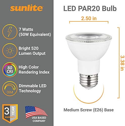 Отразяваща лампа Sunlite 41028-СУ LED PAR20, 7 W (еквивалент на 50 W), 520 Лумена, Средна база E26, С регулируема яркост, Прожектор,
