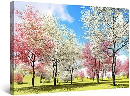 Startonight Платно Стенно Изкуство на Небесен Пейзаж Дървета с Бяло-Розови Цветя В Рамка 32 x 48