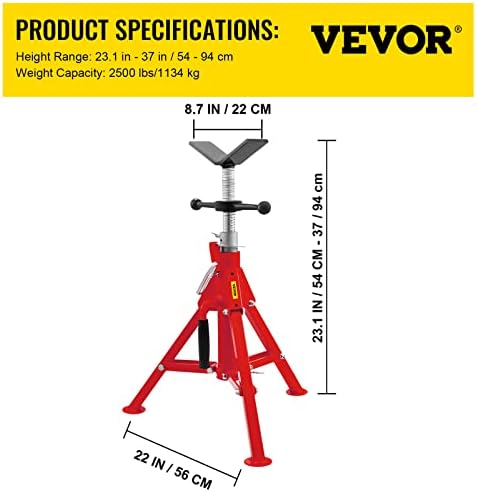 Поставка за тръби VEVOR с V-образна глава, с капацитет 1/8 -12, регулируеми по височина 20-37, Поставка за тръби с Товароподемност от
