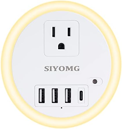 Удължител за контакт с Ночником, Стенни изход SIYOMG с 4 USB порта (1 USB C), USB Зарядно устройство, Сплитер контакти за Домашния офис,