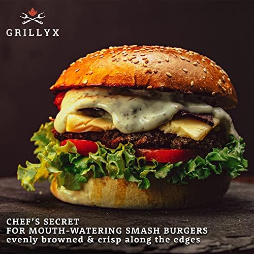 Преса за хамбургери от чугун Grillyx с дръжка от бреза дърво - (ø7) - Smash Burger Press - Преса за хамбургери Вкл. 50 Листа хартия за