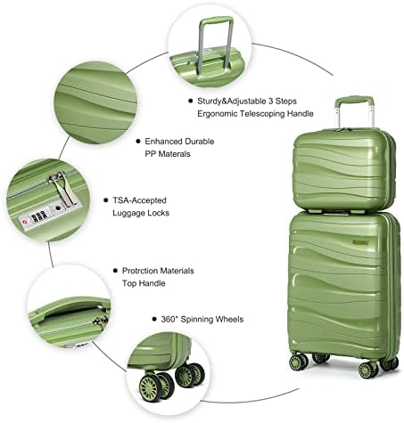 Ръчния багаж Melalenia, Куфар от полипропиленови материали с Въртящи се колела, Багаж брави TSA 22x14x9, Одобрени от авиокомпанията (зелен)