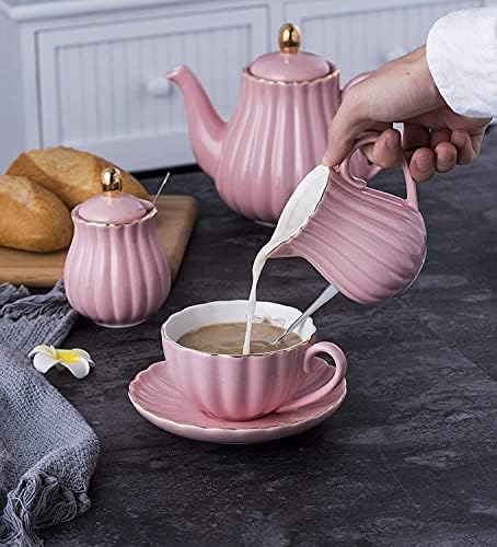 Порцелан Чай в европейски стил с Поставка за дисплея, Заварочным кана с 4 Чаени чаши и Чинии-Златна Пчела Вътре чаша (Розов)
