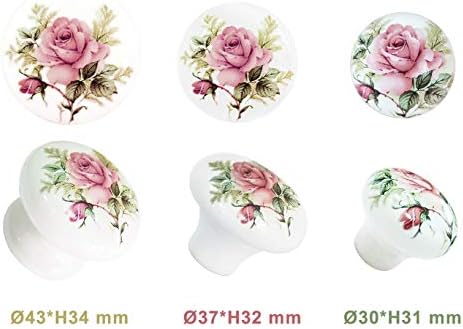 Дръжки за чекмеджета BlocksTool Medium от Винтажной керамика с Флорални рози, Опаковка от 6 броя (37 мм /1,46 инча, бял)