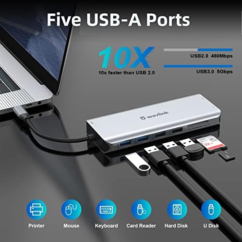 Хъб WAVLINK 13 в 1 USB C, Троен дисплей (2HDMI + DP), 100 W PD3.0, Ethernet, четец на SD/TF карта, аудио жак, 3 × USB3.0, 2 x USB2.0
