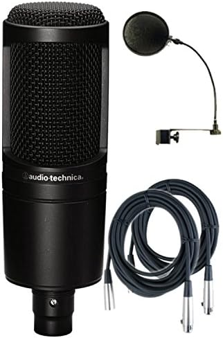 Студиен кардиоидный кондензаторен микрофон Audio-Technica AT2020 с поп-филтър и (2) 20-инчови микрофонными кабели