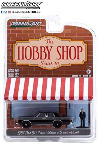 Greenlight 97100-E The Hobby Shop Series 10-1987 Ford LTD Crown Victoria - Черно с Мъж в черен костюм, хвърли под налягане, 1/64