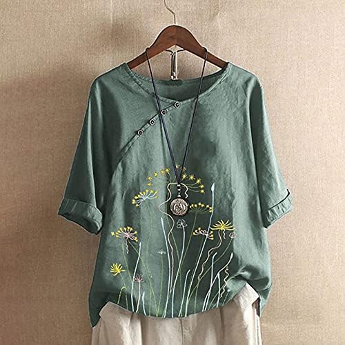 Ленени блузи за жени, летни ежедневни ризи свободно намаляване с кръгло деколте и 3/4 ръкав с флорални принтом, върхове
