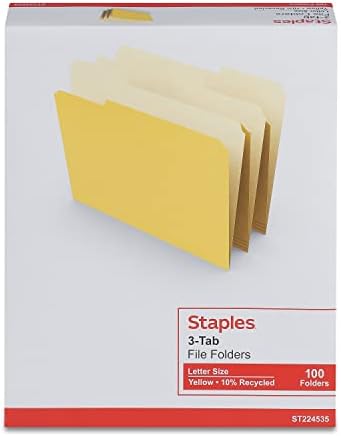 Папка за файлове, Staples, 1/3 нарязани мъжец, с размер на буквата, жълто, 200 бр / кашон (St224535-Ccvs)