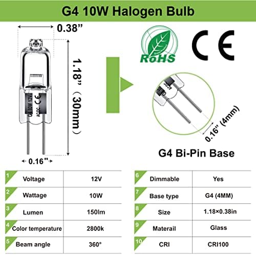 Електрическата крушка G4, 12ШТ Халогенна лампа G4 мощност 10 W, Лампа G4 висока мощност 150ЛМ с двухконтактным основание G4, дълъг експлоатационен живот, с регулируема ярко