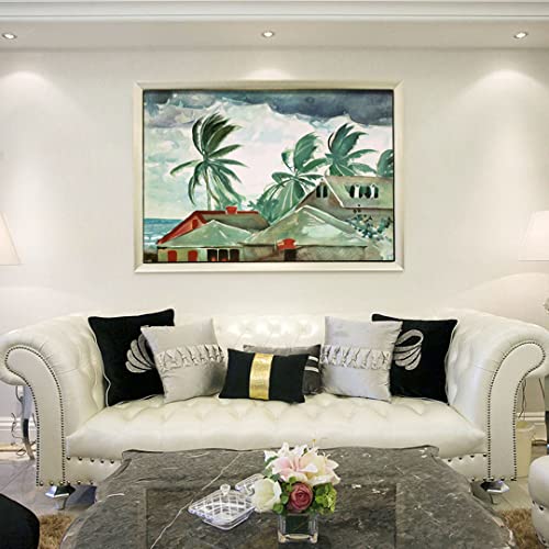 Ураган, Бахамските острови - точно копие на картина на Уинслоу Омир, написана на ръка с маслени бои: палми и зелени къщи на фона на тъмните