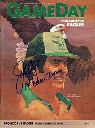 Джон Элвей подписа договор с Broncos против Игълс 18.09.1983 Списание Gameday Бекет 38761 - Списания NFL с автограф