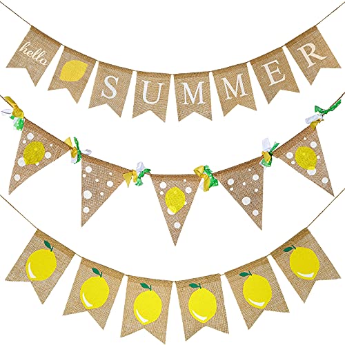 Touman /Комплект от 3 теми, Годишен Банер от Зебло с Лимон, Здравейте, Лятото, Банери, Банер с Лимонена Тема, Флаг, Венец, Летен Лимонов
