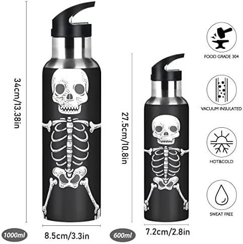 Бутилка за вода Glaphy Skull Skeleton със Сламен капак, не съдържа BPA, 32 грама, Изолирани Бутилка за Вода от Неръждаема Стомана, за