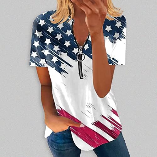 2023 Женска Тениска с Американския Флаг, Блузи с Цип Наполовина за Жени, Модни Патриотични Фланелки с Къс Ръкав, Елегантни Ежедневни