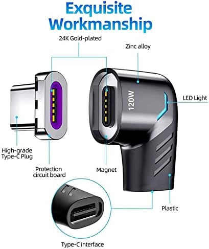 Магнитен адаптер Sisyphy USB C (черен, 5 опаковки), правоъгълен конектор USB2.0 Type C за зареждане на PD мощност 120 W и пренос на данни