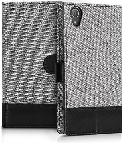 чанта-портфейл kwmobile е Съвместим с Sony Xperia XA1 Plus - Калъф от плат или изкуствена кожа с панти капак за телефон - Сив / Черен