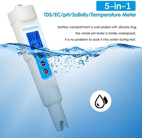 XIXIAN 5-в-1 pH-метър Водоустойчив Многофункционален М TDS/ЕО/pH/Солена/Температура, Тестер за Качеството на водата LCD дисплей със синя