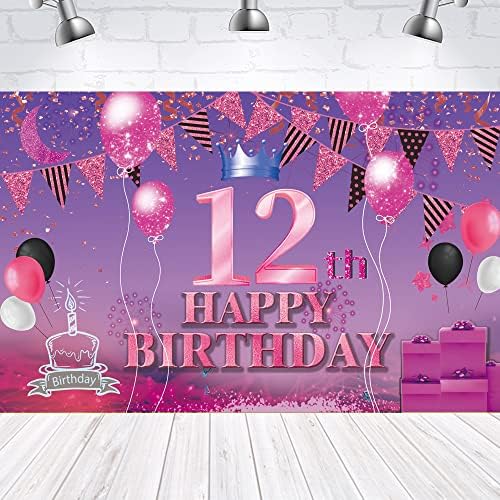 От 12-ти Рожден Ден на Фона на Банер Розово Лилаво 12-ти Знак Плакат на 12-Ия Ден от Раждането, за да проверите за Юбилейна Фотобудки