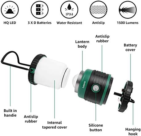 Кемпинговый фенер Lepro Фенер, Led фенерче на батерии с капацитет 1500ЛМ, 4 режима на осветяване, Водоустойчив Фенер за палатка, Лампа-фенерче