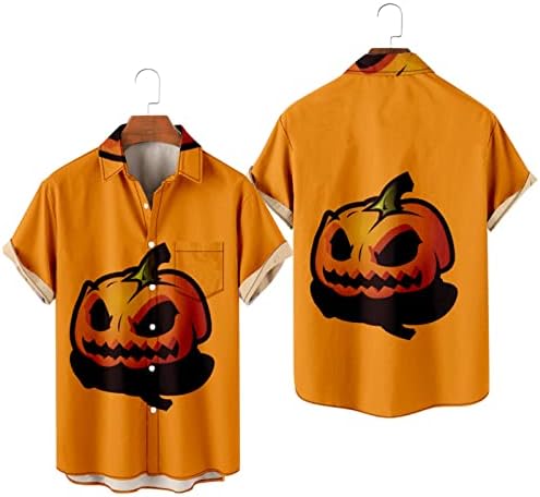 WOCACHI Хелоуин Мъжки Ежедневни Ризи с Копчета, Костюми за Хелоуин с Къс Ръкав, Забавна Свободна Риза с Тиква За Боулинг